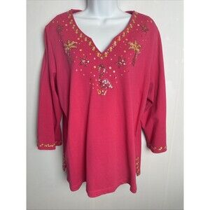 Quacker Factory‎ Womens Shirt Large Pink Flamingo Colorful Fun Cruise Vacation